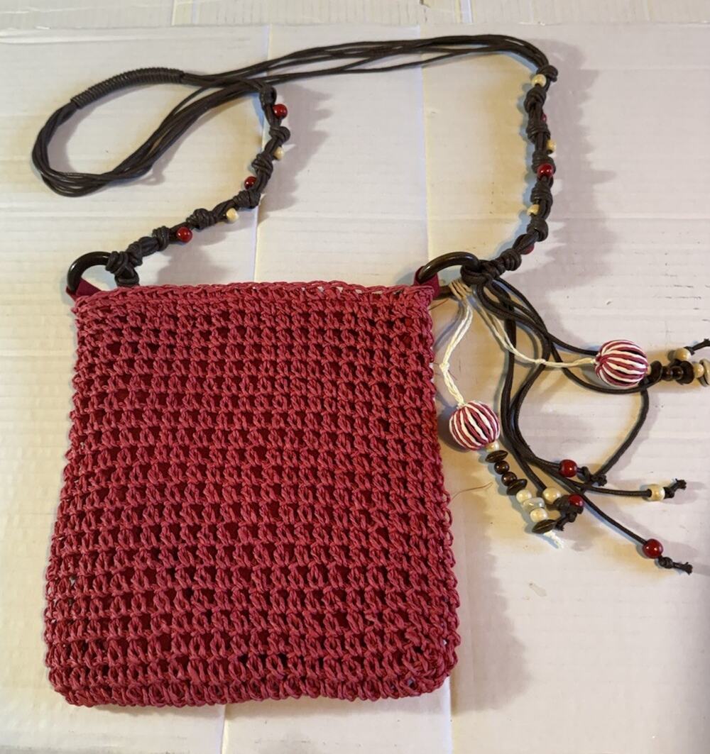 Woven Crossbody Lined Purse With Beaded Tassel Bag Boho Dark Pink